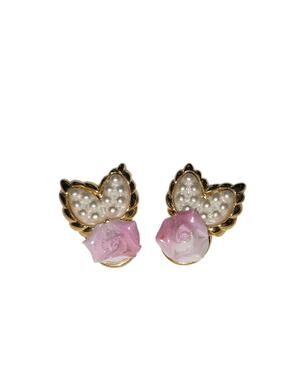 Cottagecore Pink Faux Pearl Earrings Gold Tone Studs Coquette Romantic Jewelry